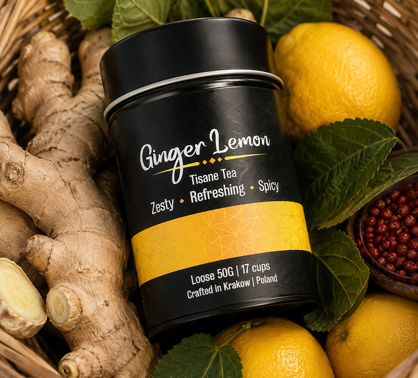 Ginger Lemon Leo Tea – elegancka puszka, doypack i kubek prezentowy